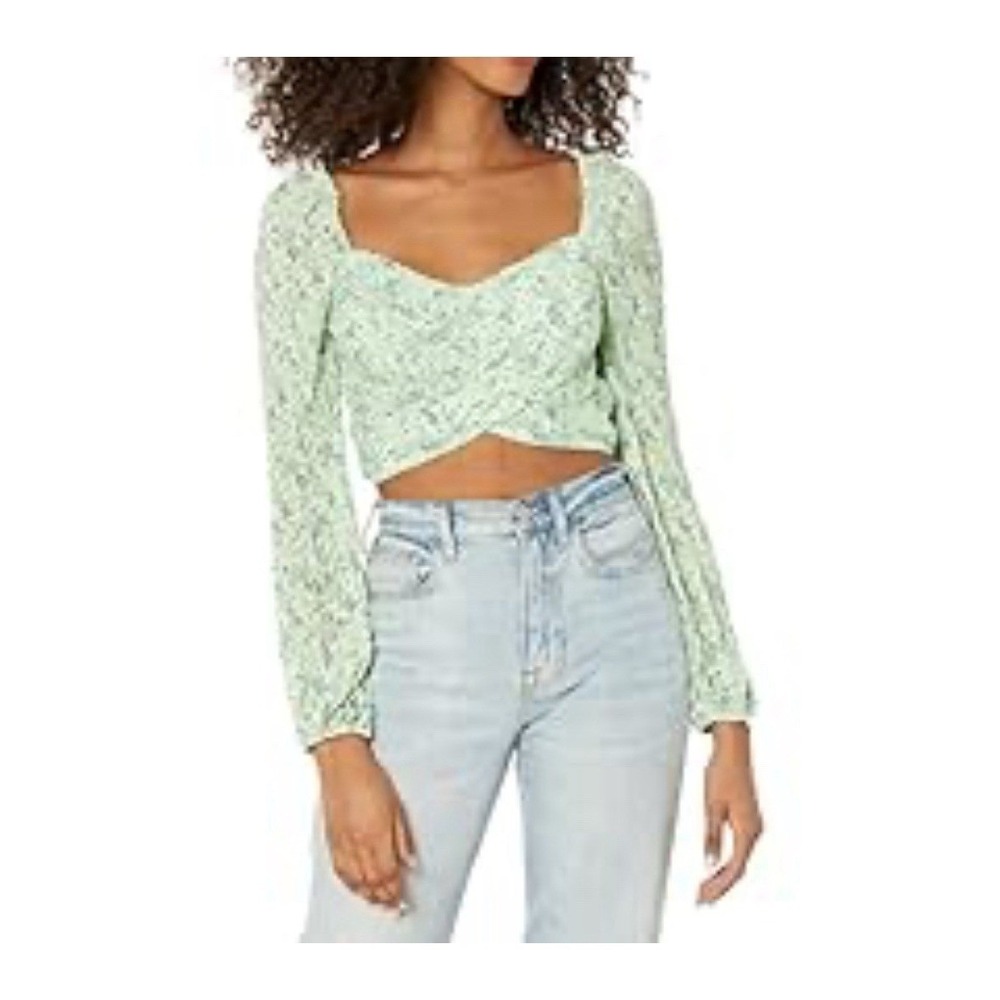 ASTR The Label Green Floral Pleated Smocked Crop Top Sweetheart Neck Medium